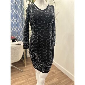 Black Stretch Bodycon Dress S/M Rhinestones Studded Super Stretch Tight Midi